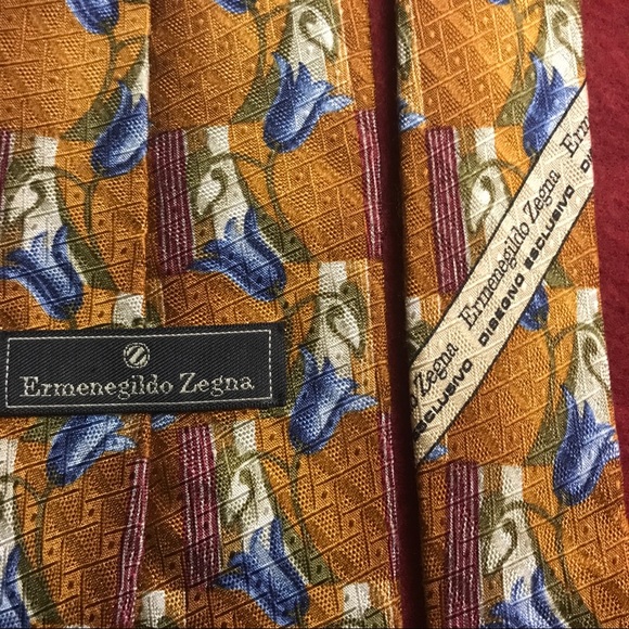 ERMENEGILDO ZEGNA Mens 100% Silk Necktie Made in ITALY Luxury FLORAL Gold/Blue - Picture 4 of 4